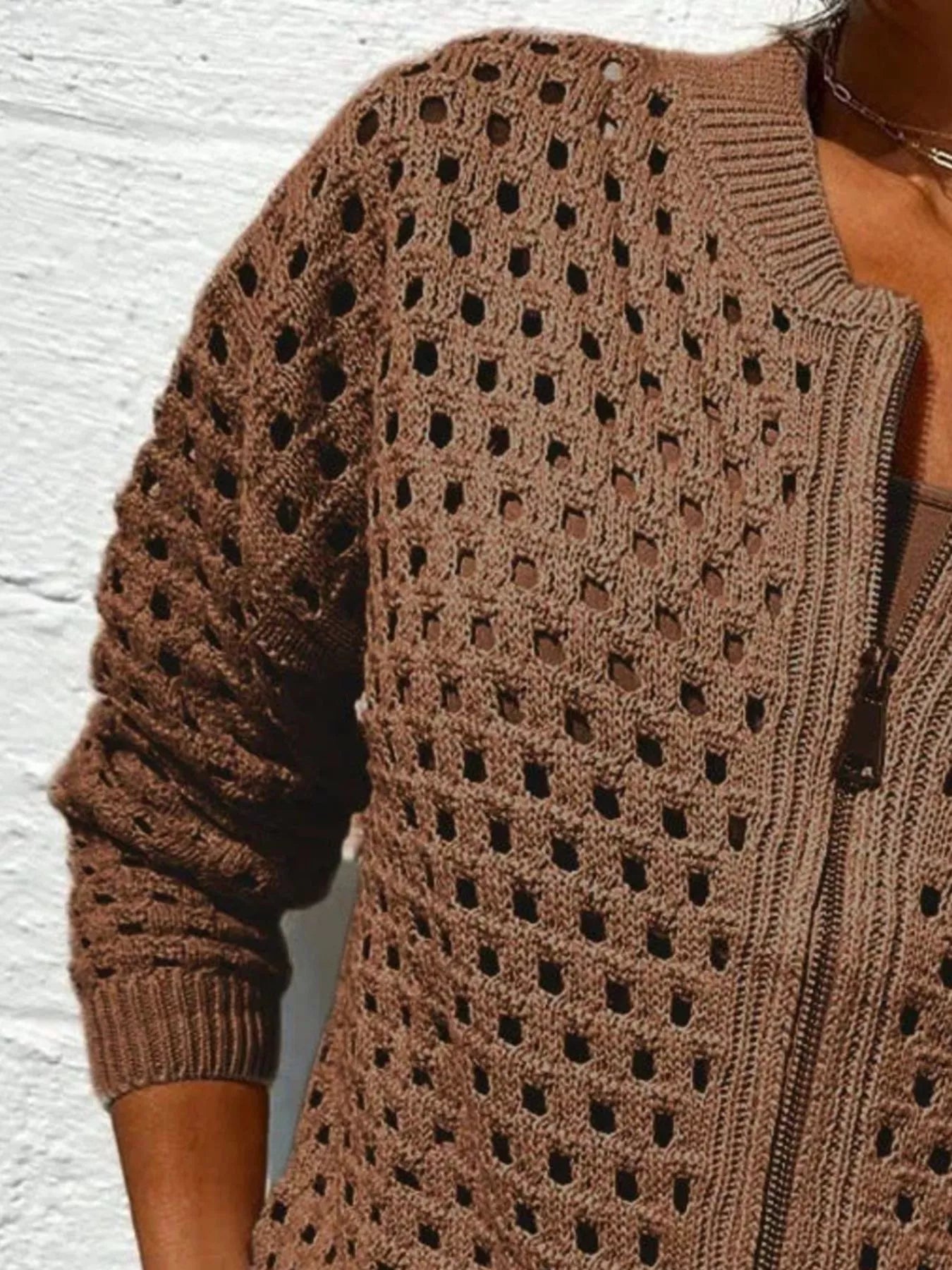 Full Size Zip Up Long Sleeve Cardigan with Eyelet Detail Plus Size OutfitFlow