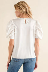 And The Why Plain Satin Puff Shirring V Neck Blouse Top OutfitFlow