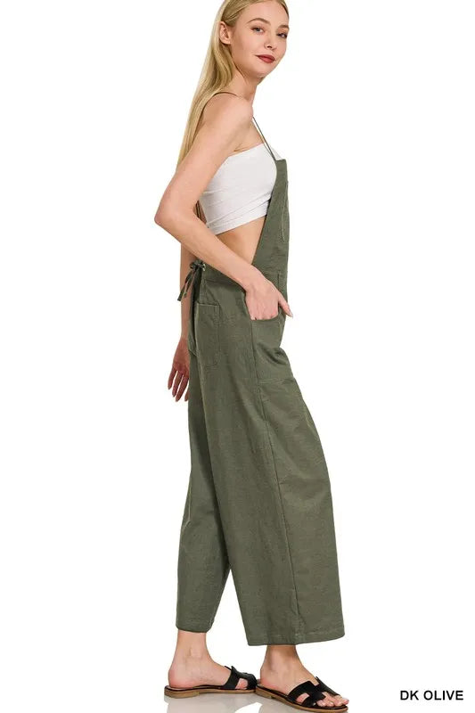 Zenana Woven Spaghetti Strap Overalls OutfitFlow
