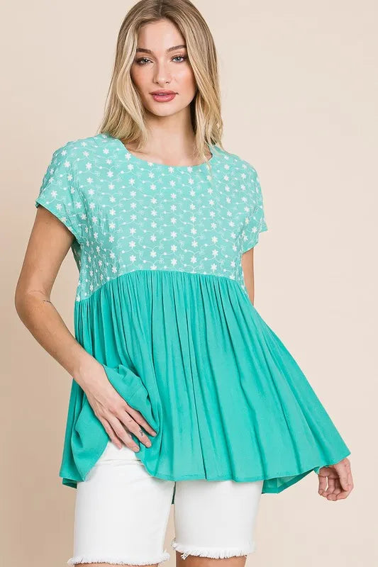 Lime 'N' Chili Full Size Embroidered Short Sleeve Pleated Babydoll Top Plus Size OutfitFlow