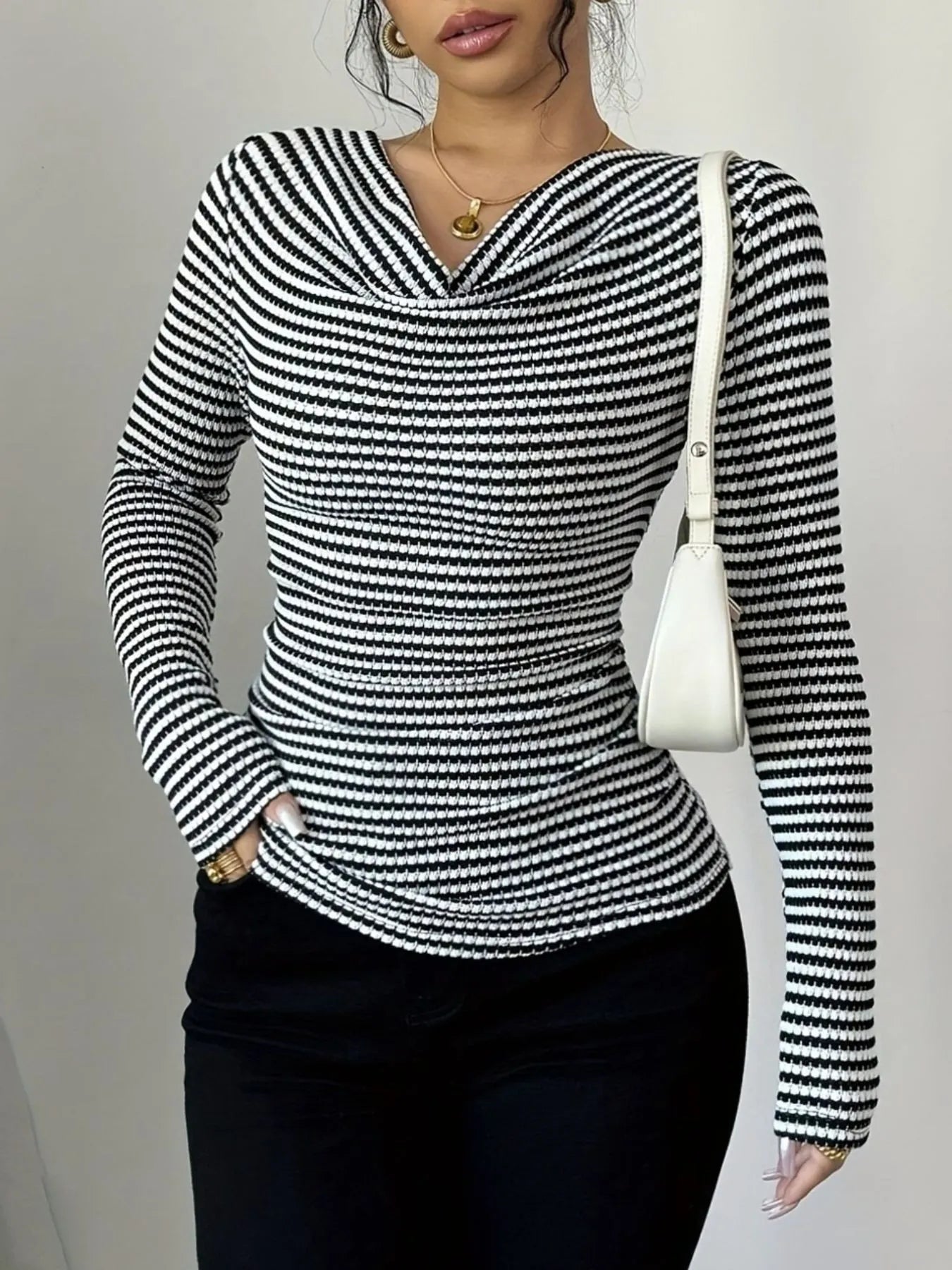 Striped Cowl Neck Long Sleeve T-Shirt OutfitFlow