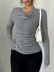 Striped Cowl Neck Long Sleeve T-Shirt OutfitFlow