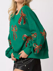 Christmas Sequin Bow Round Neck Sweatshirt OutfitFlow
