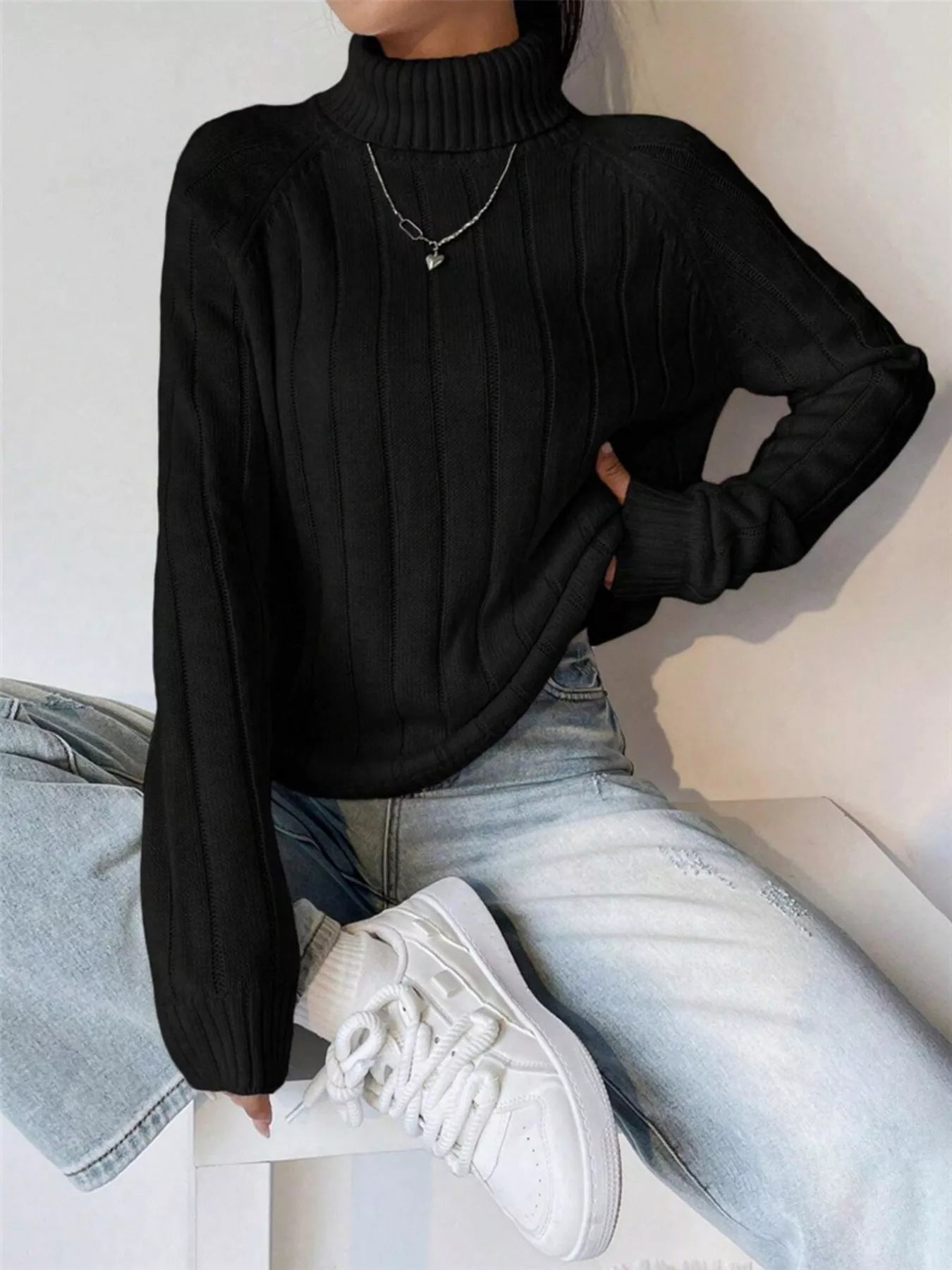 Ribbed Turtleneck Long Sleeve Sweater OutfitFlow