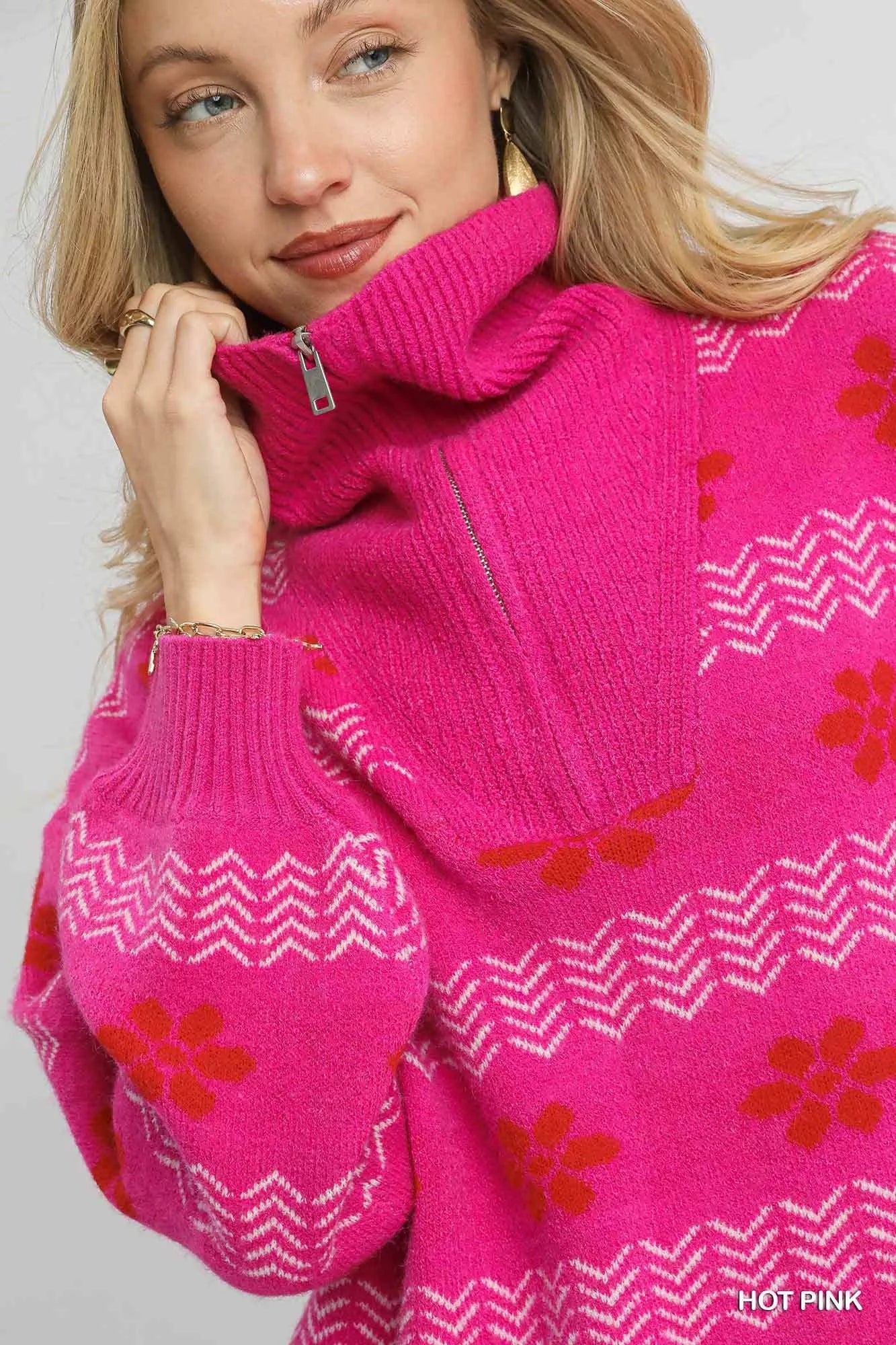 Umgee Floral Patterned Jacquard Quarter-Zip Pullover Sweater OutfitFlow