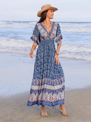 Ruched Printed Flounce Sleeve Midi Dress OutfitFlow