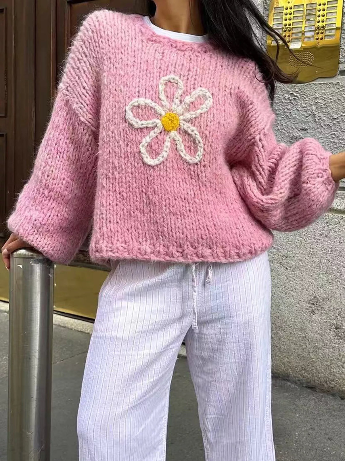 Flower Round Neck Dropped Shoulder Sweater Pink OutfitFlow