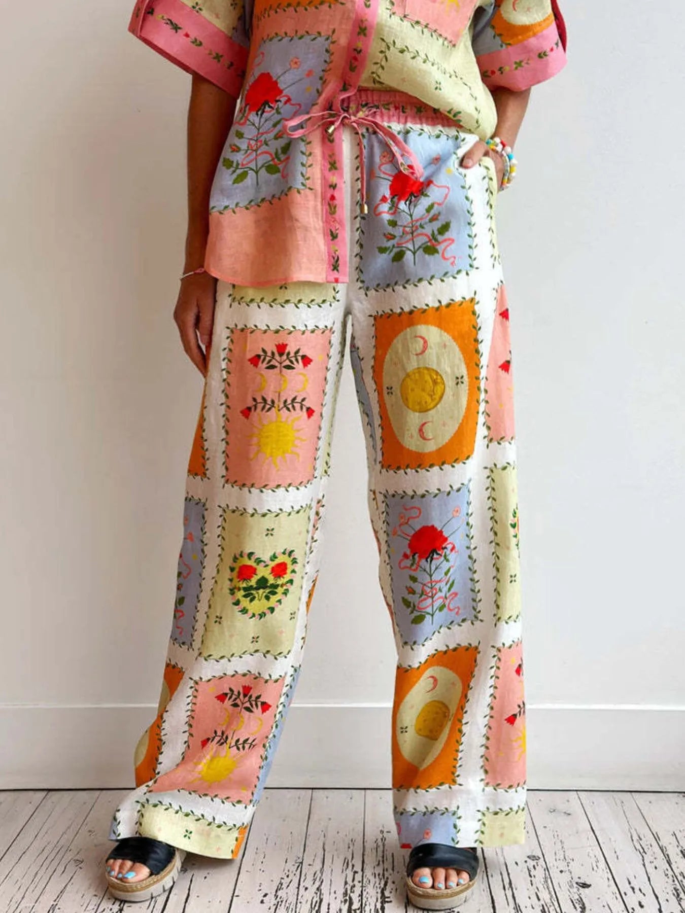 Printed Button Up Shirt and Pants Set OutfitFlow