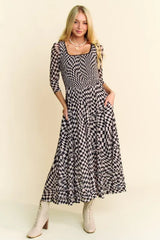 Davi & Dani Printed Checker Mesh Flowy Maxi Dress OutfitFlow