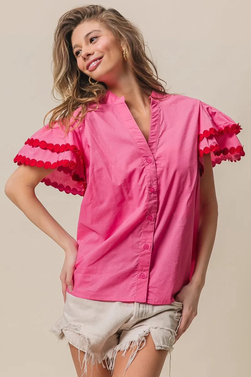 BiBi Dot Trim Flutter Sleeve Notched Top OutfitFlow