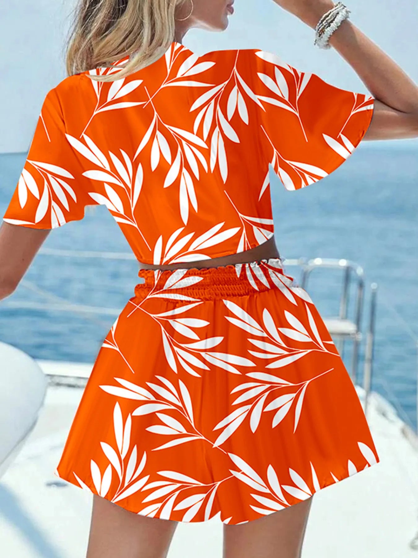 Printed Tie Front Top and Shorts Set OutfitFlow