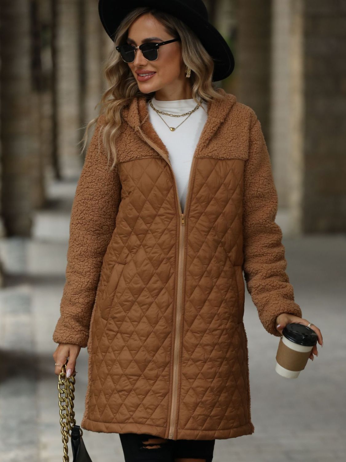 Outfit Flow - Texture Zip Up Long Sleeve Hooded Coat