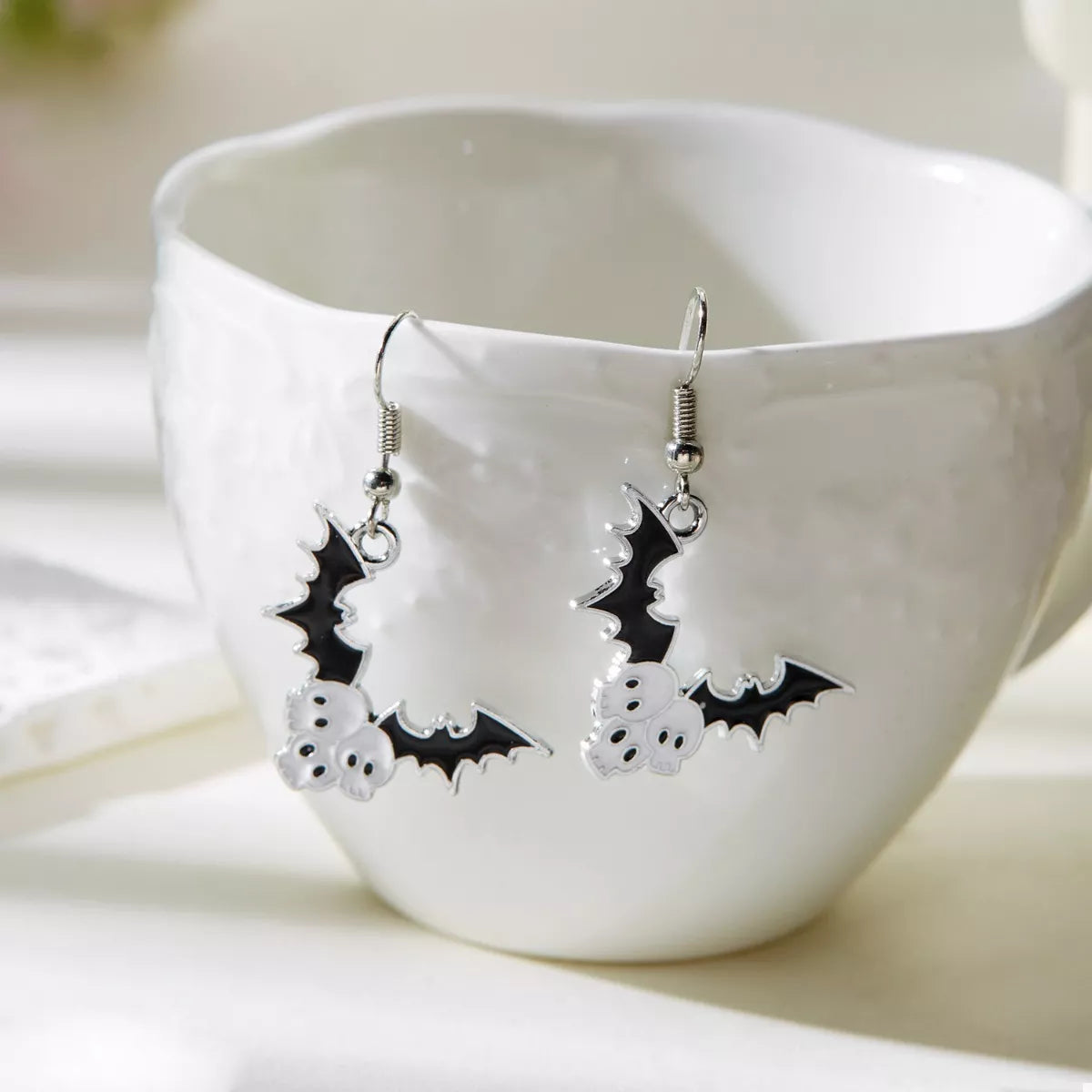 Halloween Bat Drop Earrings White One Size OutfitFlow