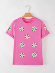 Sequined Candy Swirl Christmas Short Sleeve T Shirt OutfitFlow