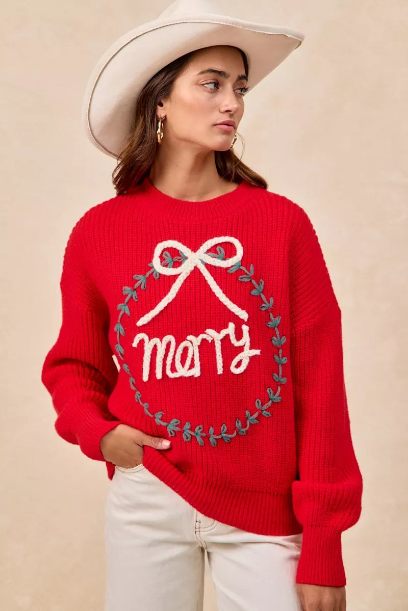 BiBi Christmas Wreath Merry Letter Knit Top OutfitFlow