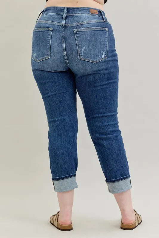 Judy Blue Full Size Mid Rise Cuffed Destroy Bf Jeans Plus Size OutfitFlow