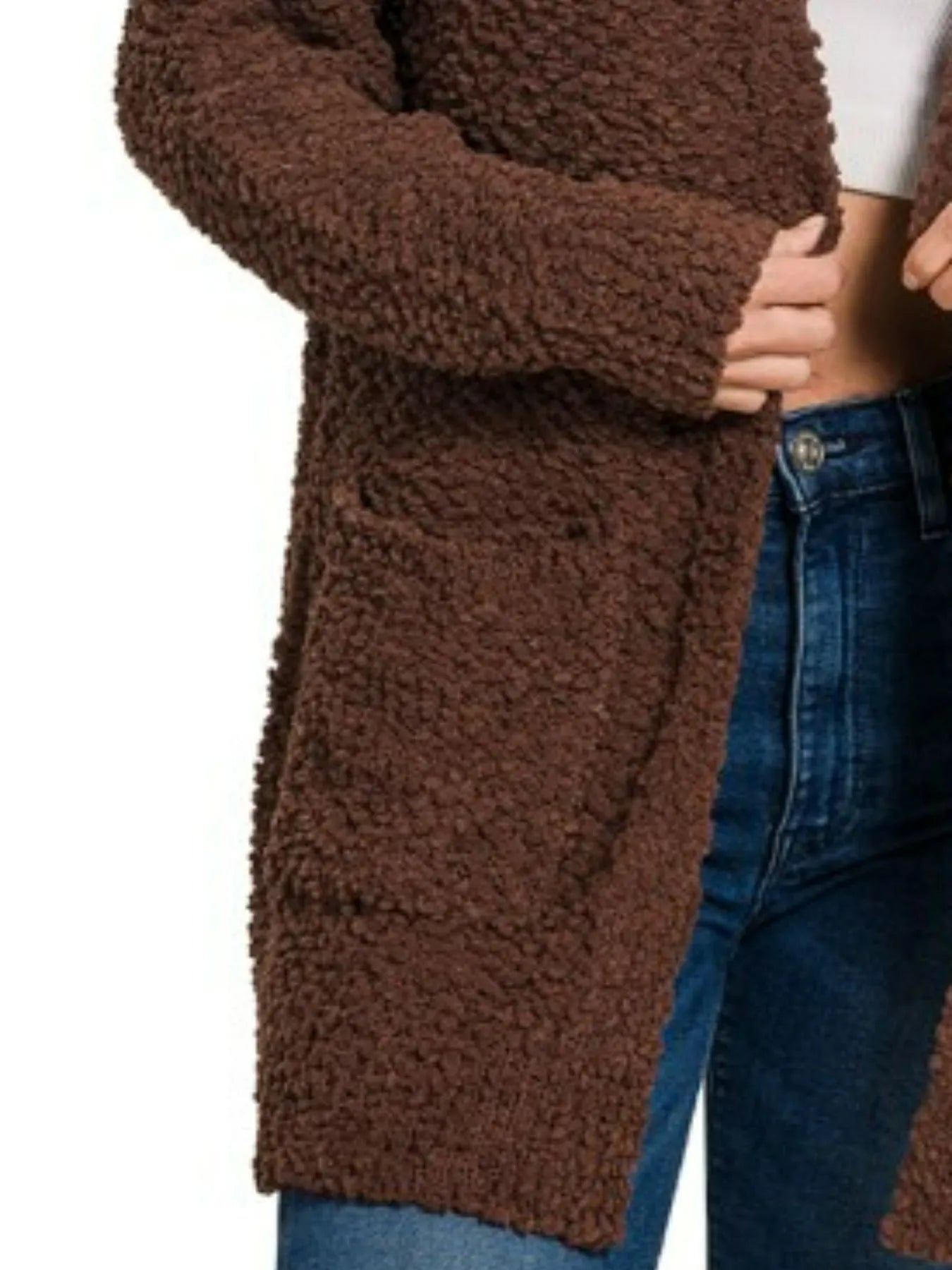 Zenana Long Sleeve Popcorn Sweater Cardigan with Pockets Trendsi