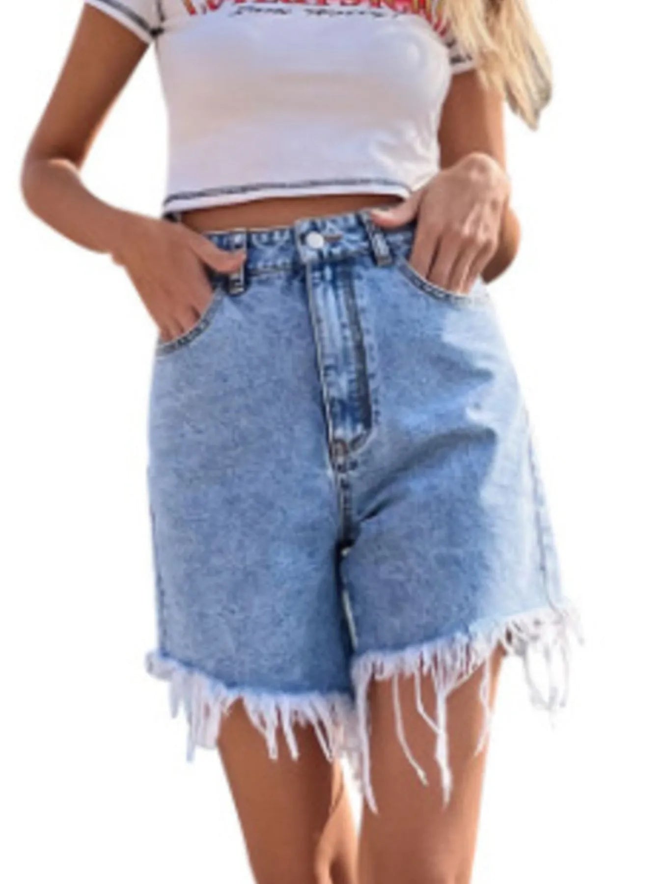 High Waisted Frayed Hem Denim Shorts OutfitFlow