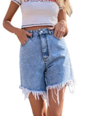 High Waisted Frayed Hem Denim Shorts OutfitFlow