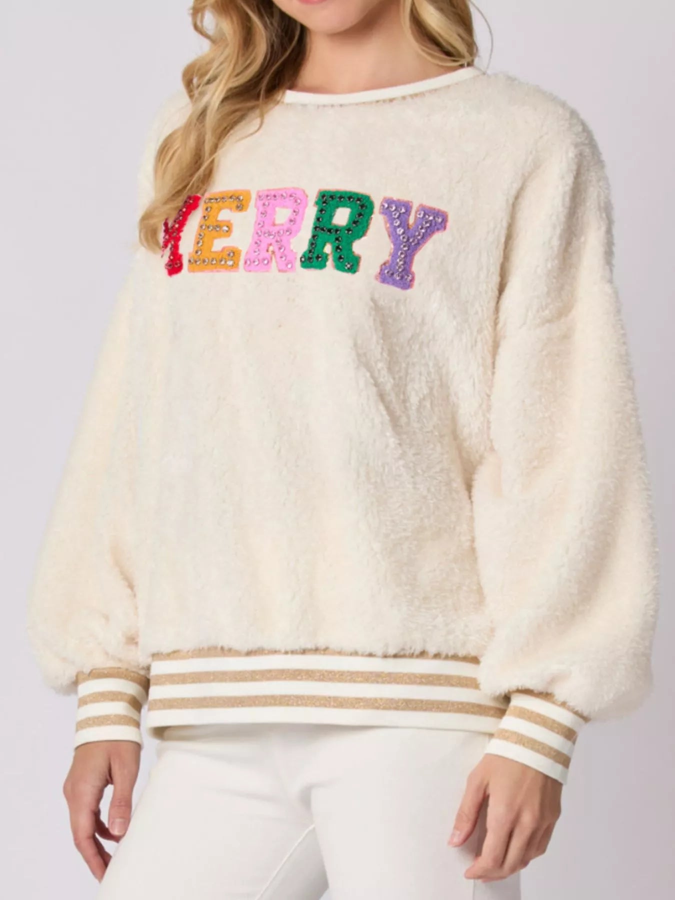 Rhinestone Merry Christmas Round Neck Sweatshirt OutfitFlow