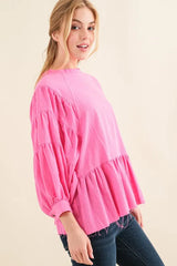 And The Why Loose Fit Tiered Raw Edge Hem Blouse Top OutfitFlow
