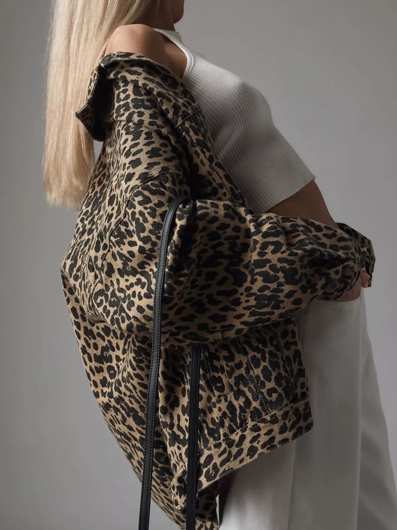 Leopard Button Up Long Sleeve Denim Jacket OutfitFlow
