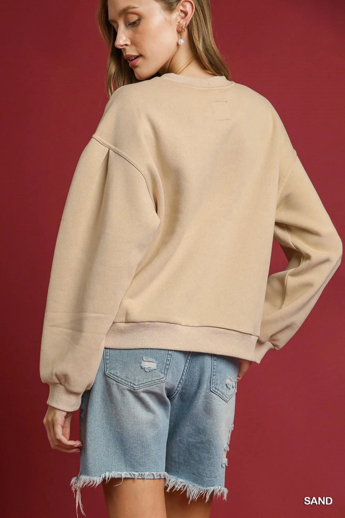 Umgee Round Neck Sweatshirt with Pleated Detail OutfitFlow