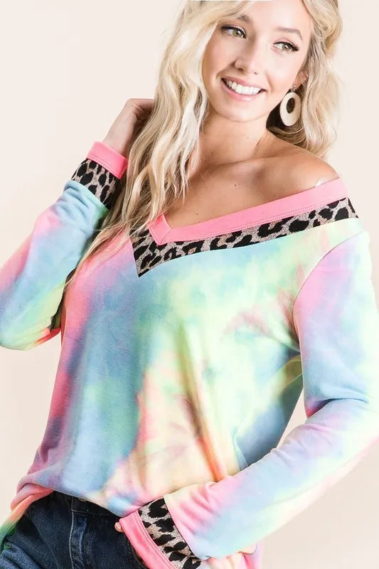 BiBi Tie Dye Terry V-Neck Top OutfitFlow