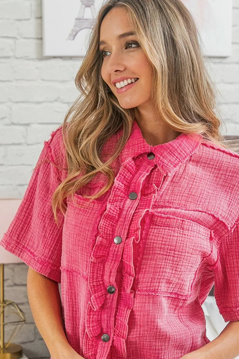 BiBi Mineral Washed Wrinkle Gauze Raw Edge Shirt Top OutfitFlow