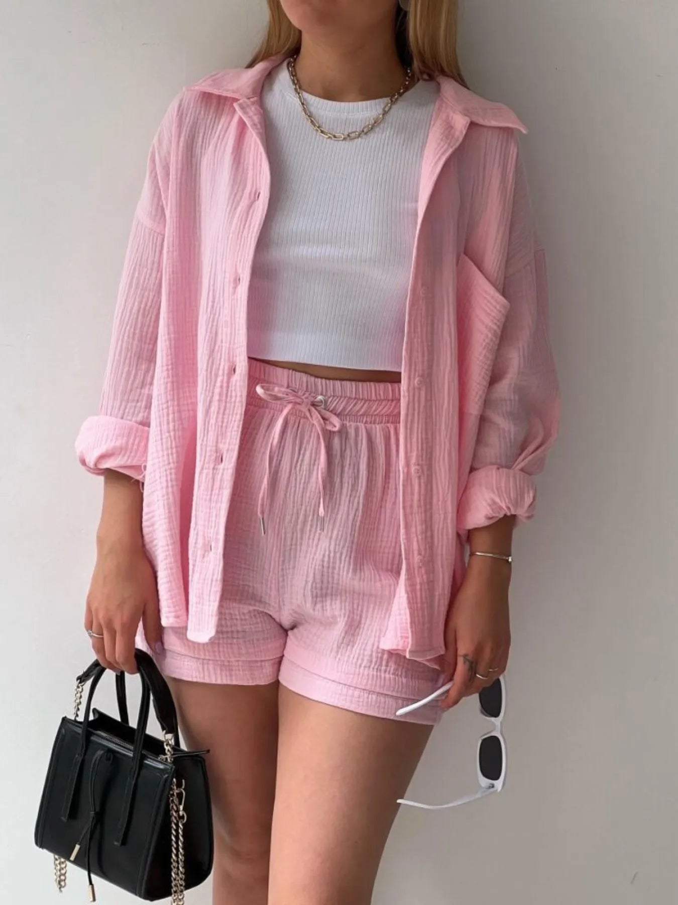 Textured Button Up Shirt and Shorts Set Pink OutfitFlow