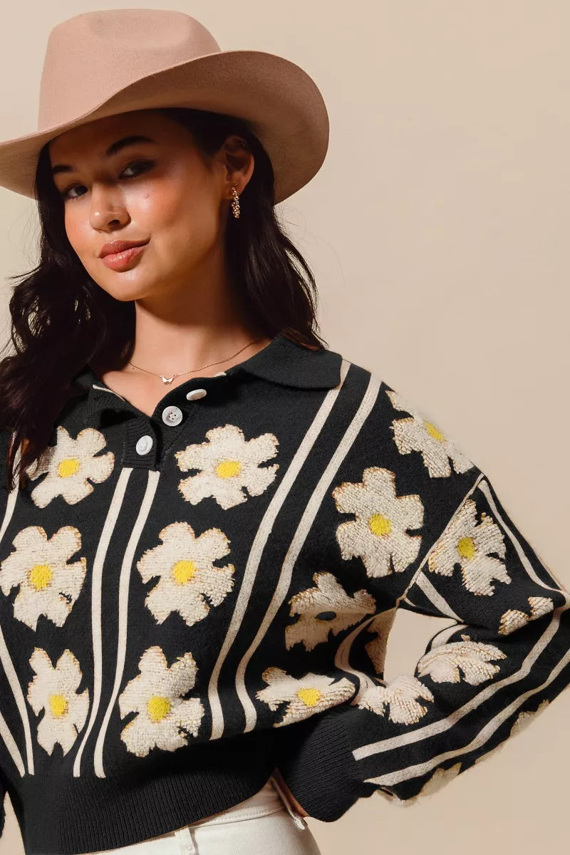 SO ME Floral Stripe Polo Collar Sweater BLACK IVORY OutfitFlow