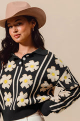 SO ME Floral Stripe Polo Collar Sweater BLACK IVORY OutfitFlow