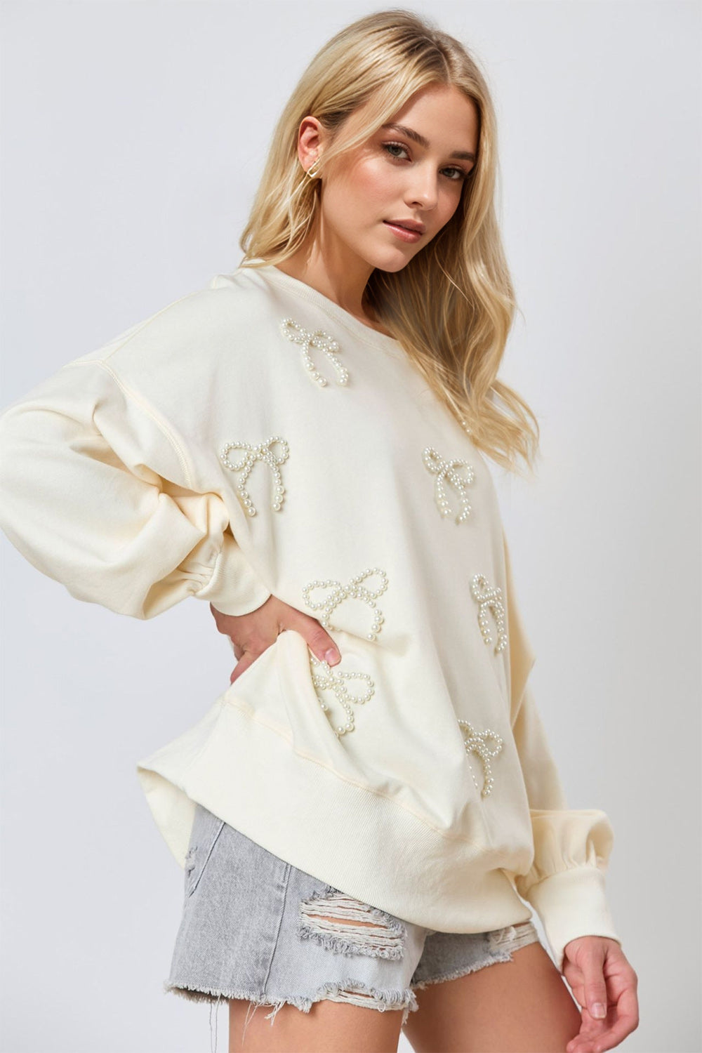 Outfit Flow - Pearl Bow Round Neck Dropped Shoulder Sweatshirt