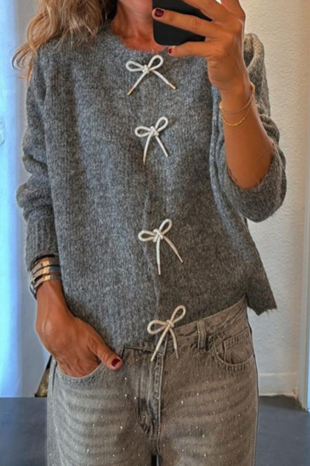 Bow Round Neck Long Sleeve Cardigan