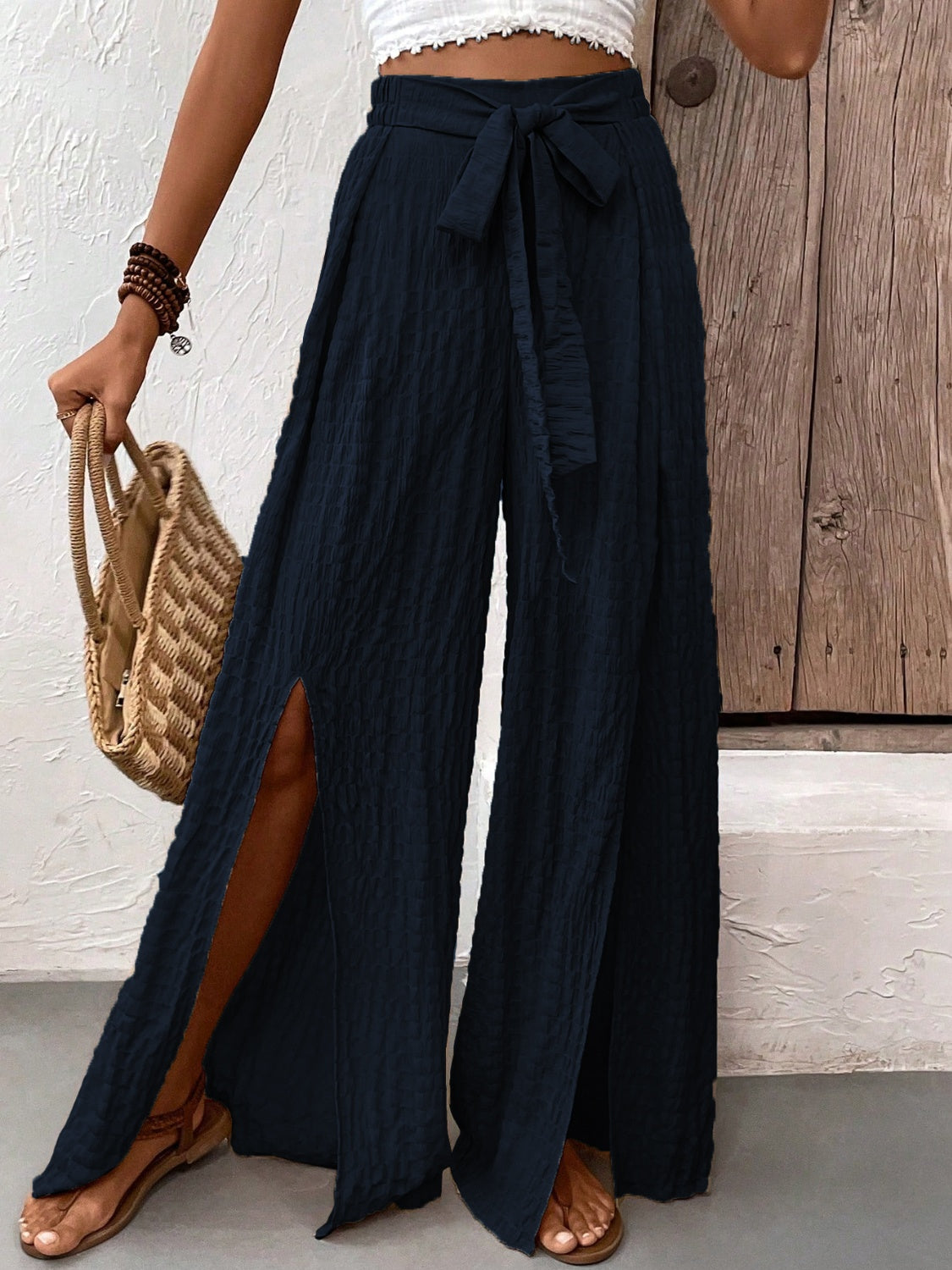 Outfit Flow - Honey Tied Slit Wide Leg Pants