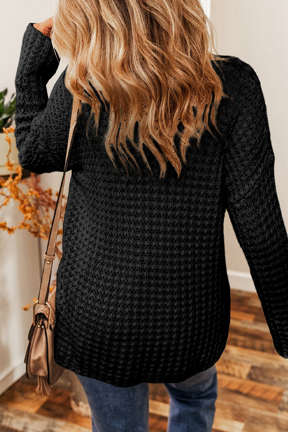 Openwork Round Neck Long Sleeve Sweater