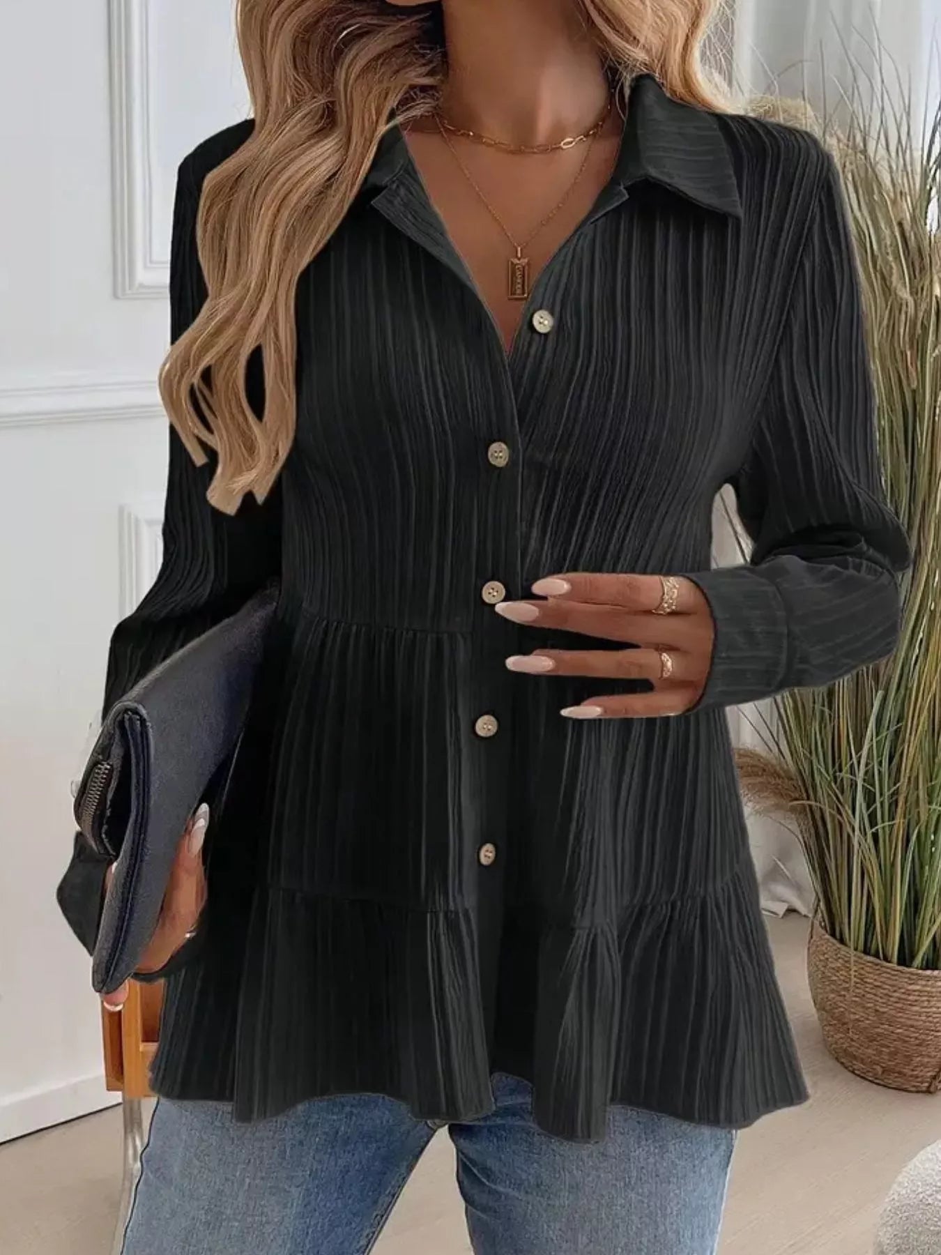 Button-Down Long Sleeve Tiered Shirt OutfitFlow