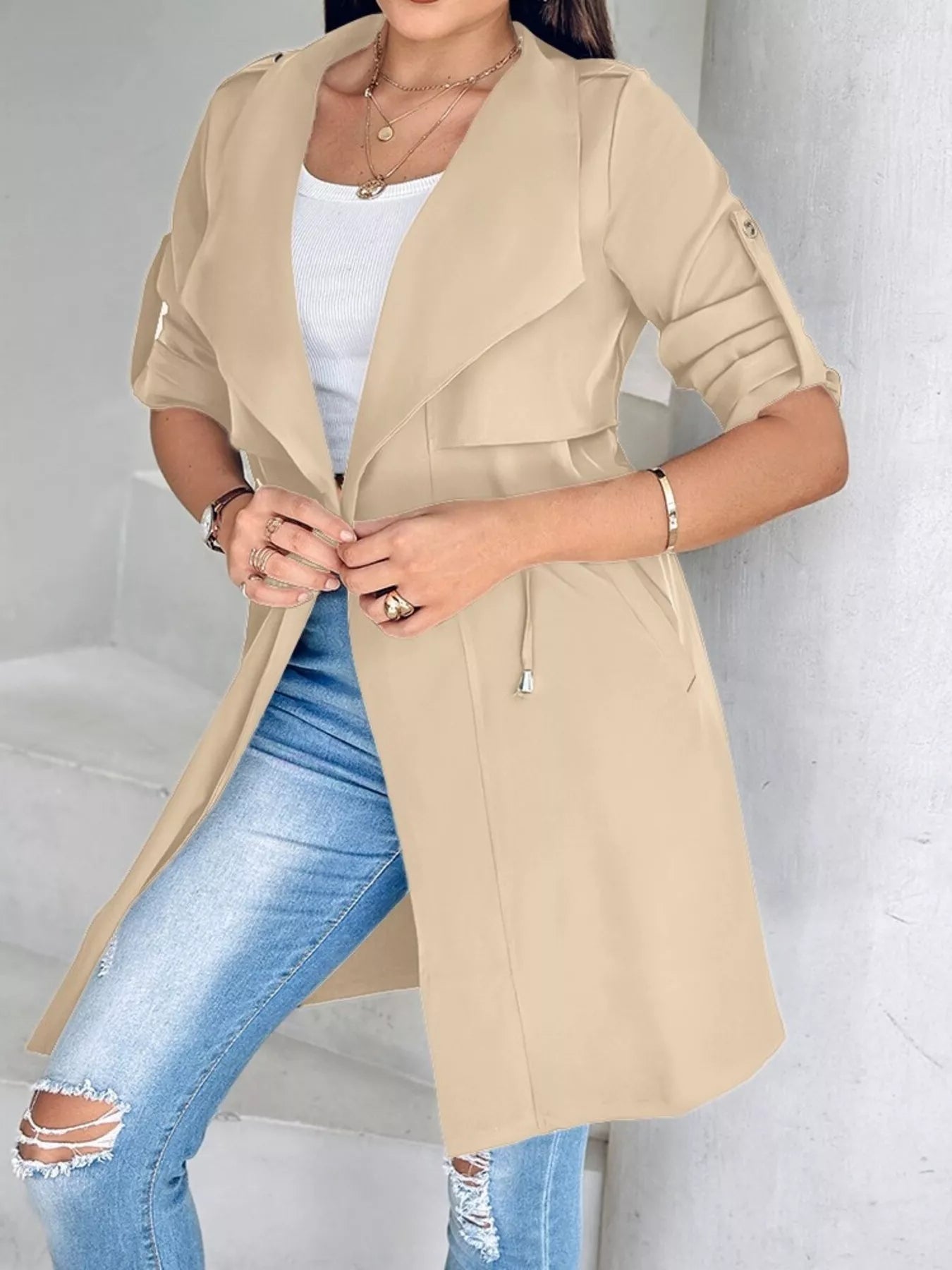Drape Collar Lightweight Trench Coat OutfitFlow