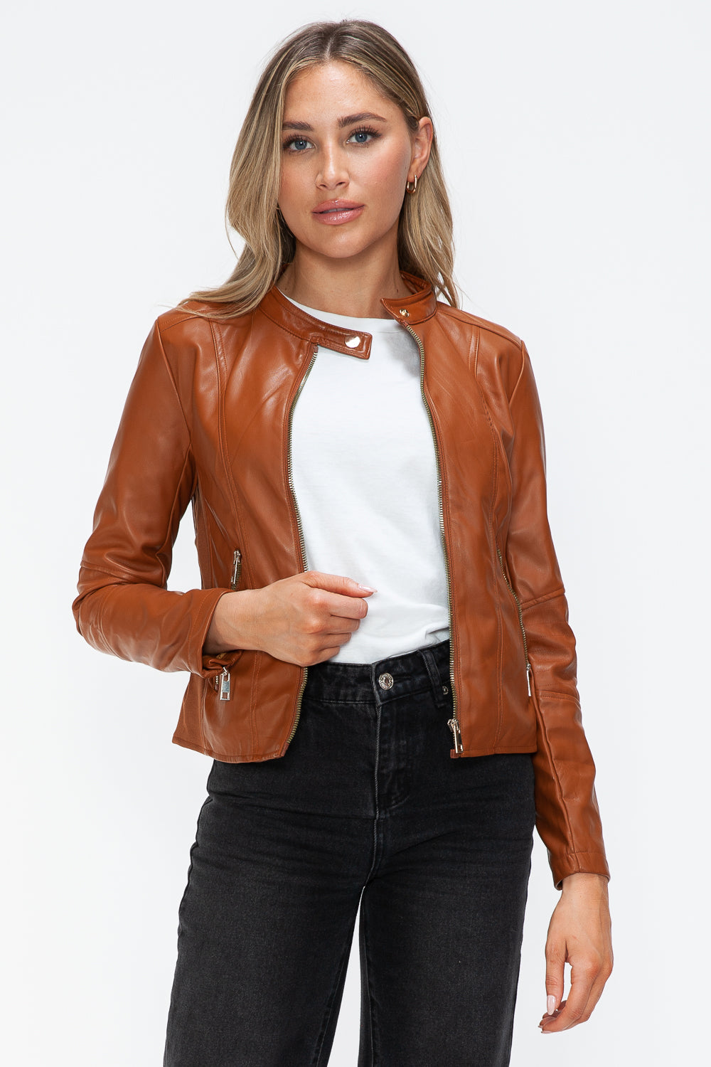 Outfit Flow - Snobbish Faux Leather Zip Up Drawstring Hooded Jacket