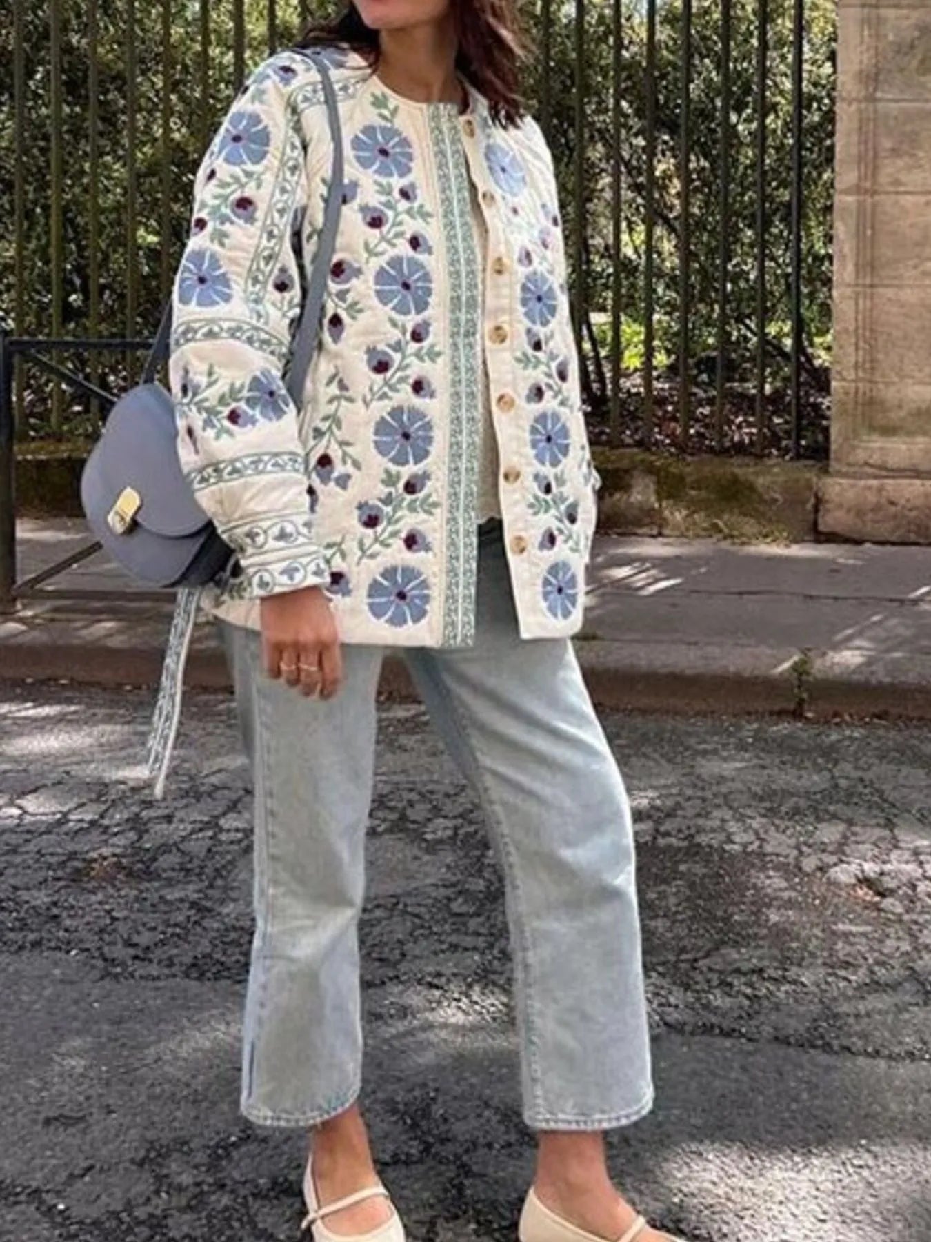 Printed Button Down Long Sleeve Winter Coat OutfitFlow