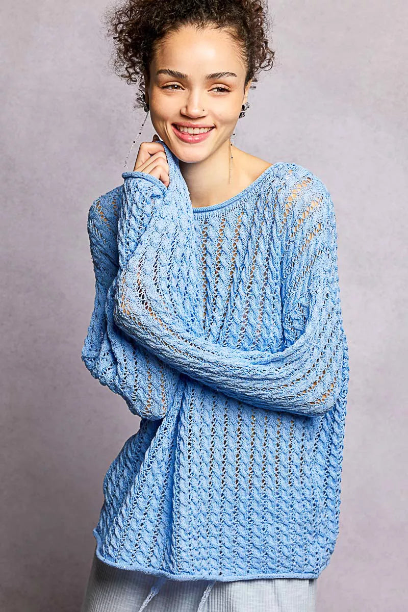 POL Openwork Round Neck Knit Top with Shiny Detail EVENING BLUE OutfitFlow