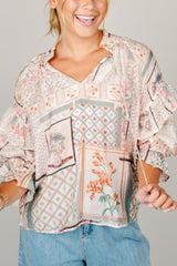 Outfit Flow - Ruffled Printed Tie Neck Three-Quarter Sleeve Blouse