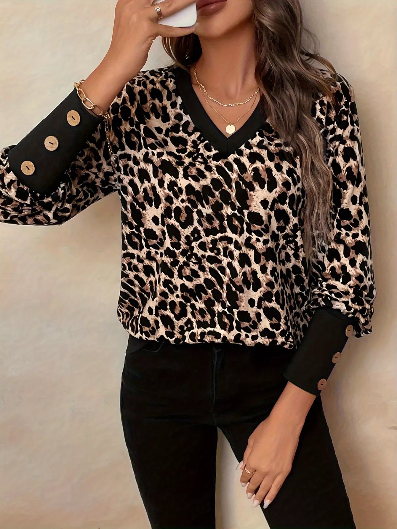 Leopard Print V-Neck Long Sleeve T-Shirt OutfitFlow