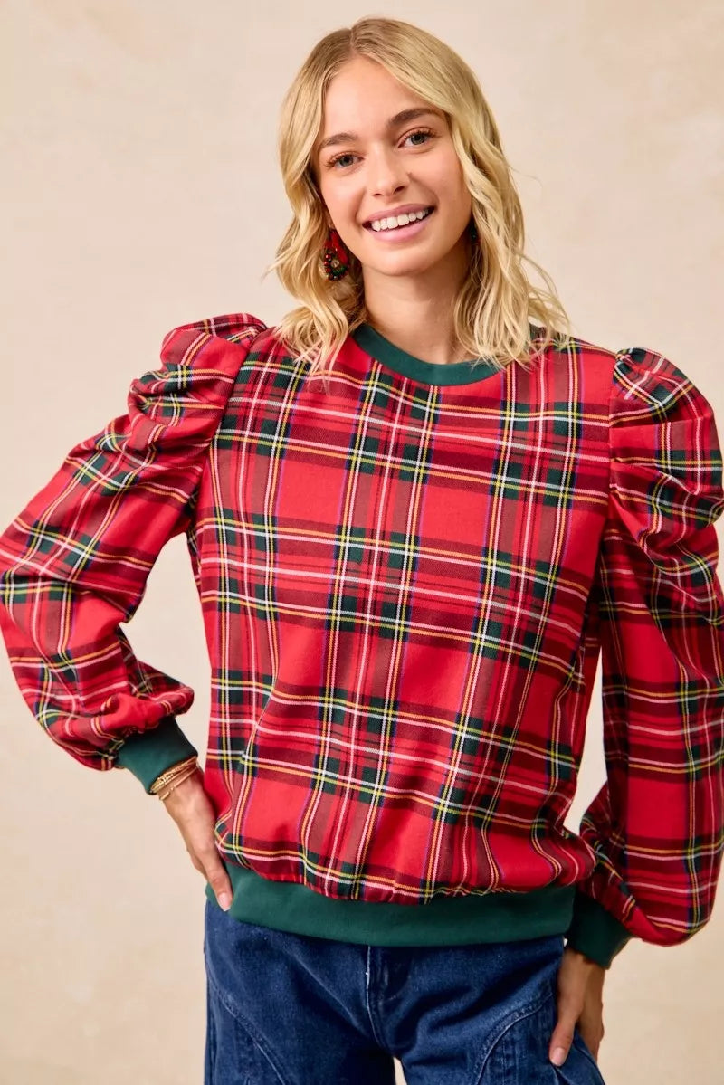 BiBi Christmas Plaid Exaggerated Shoulder Sleeves Top OutfitFlow