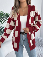 Checkered Pattern Open Front Cardigan OutfitFlow