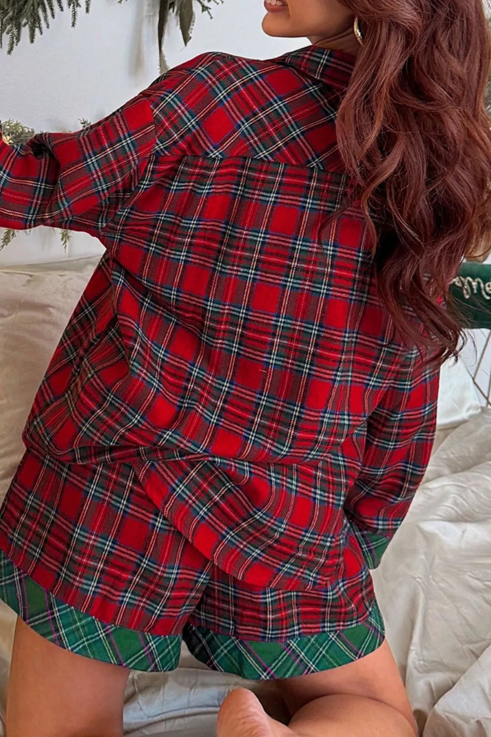Plaid Contrast Patched Christmas Holiday Long Sleeve Shirt and Short 2pcs Pajama Set OutfitFlow