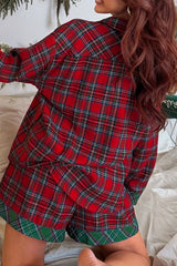 Plaid Contrast Patched Christmas Holiday Long Sleeve Shirt and Short 2pcs Pajama Set OutfitFlow