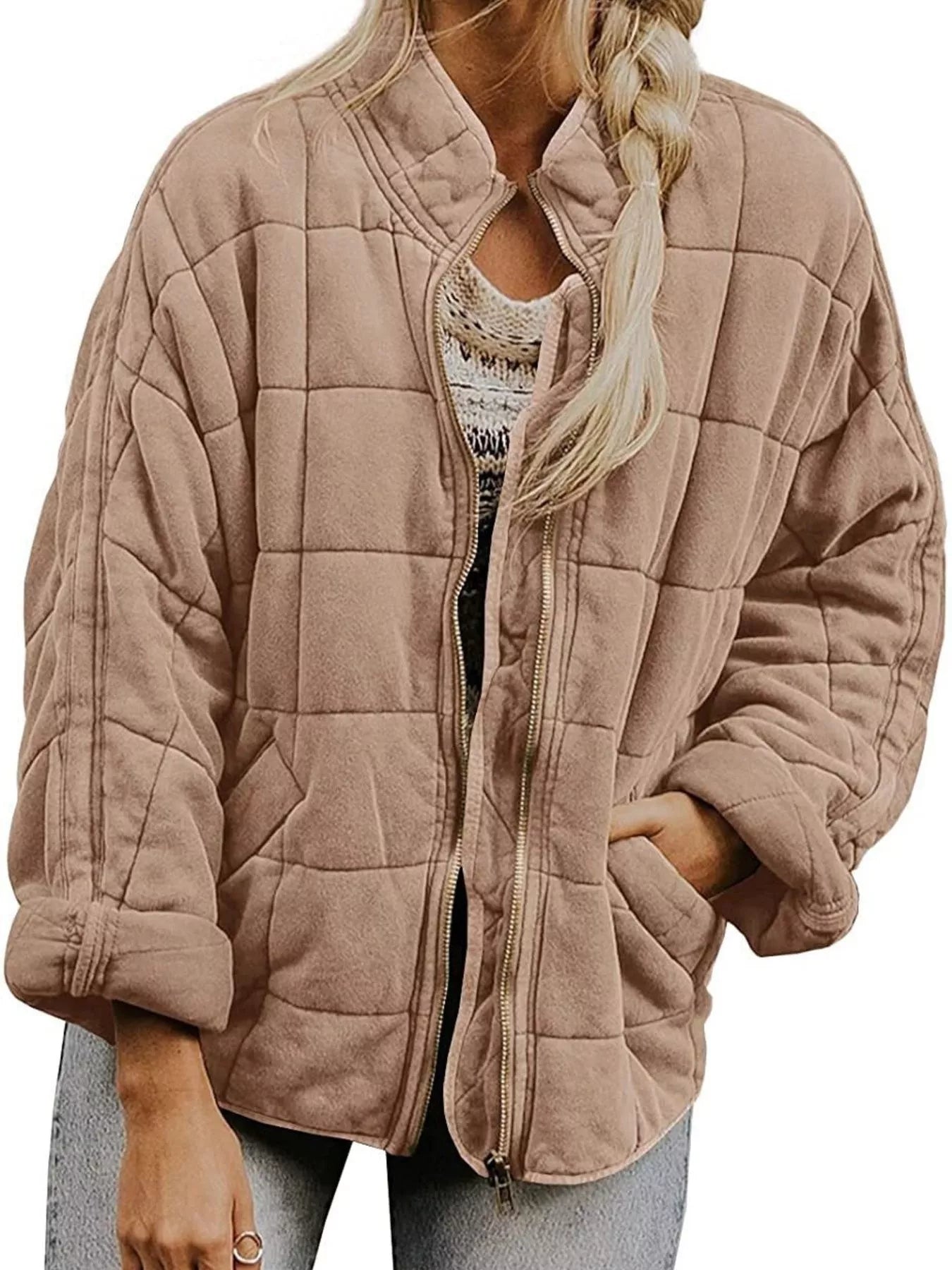 Full Size Zip Up Quilted Bomber Jacket Plus Size Light Blue Trendsi