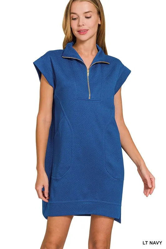 Zenana Textured Knit Jacquard Quarter Zipper Mini Dress LT NAVY OutfitFlow