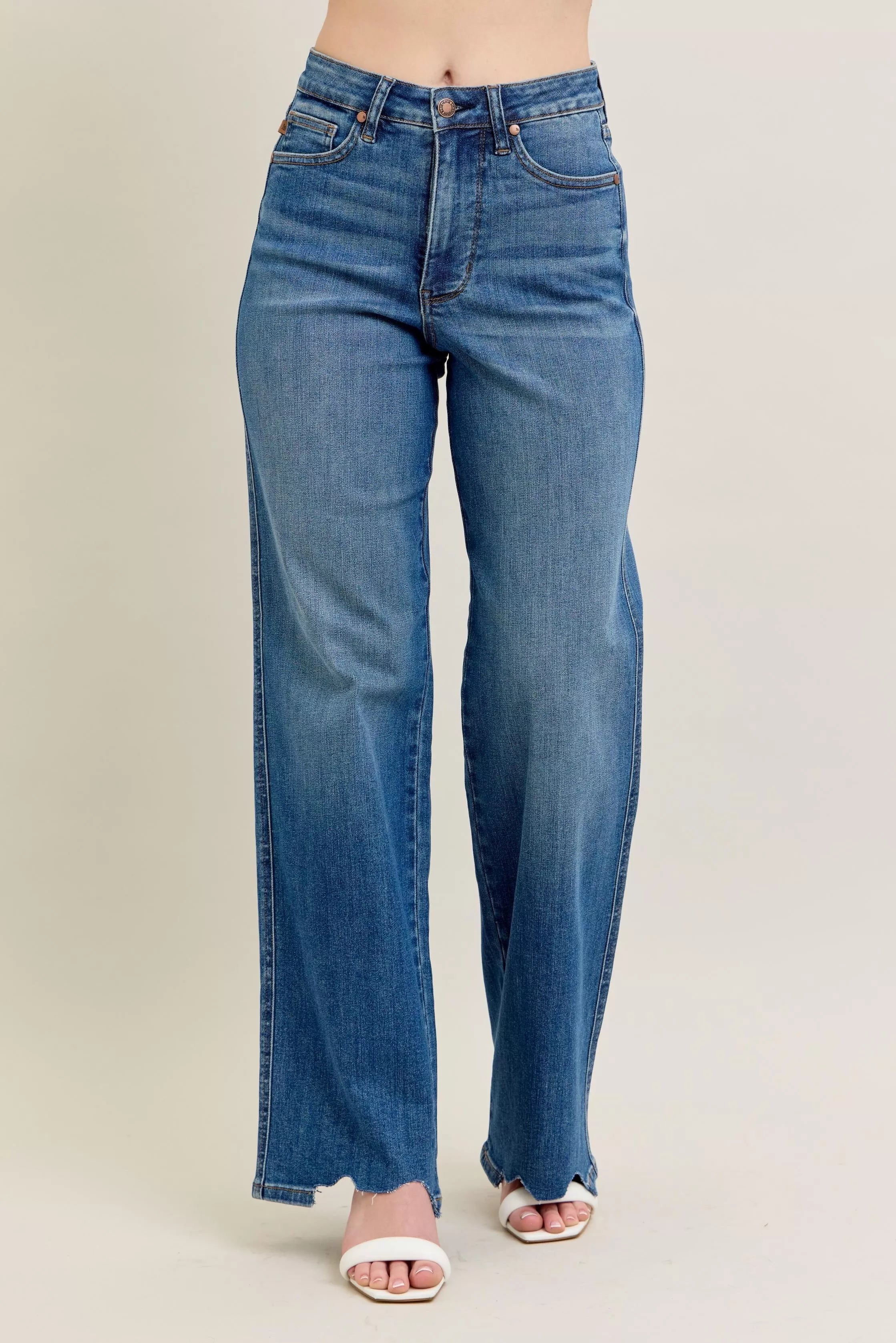 Judy Blue Full Size High Waist Tummy Control Chew Hem Destroy Wide Jeans Plus Size OutfitFlow